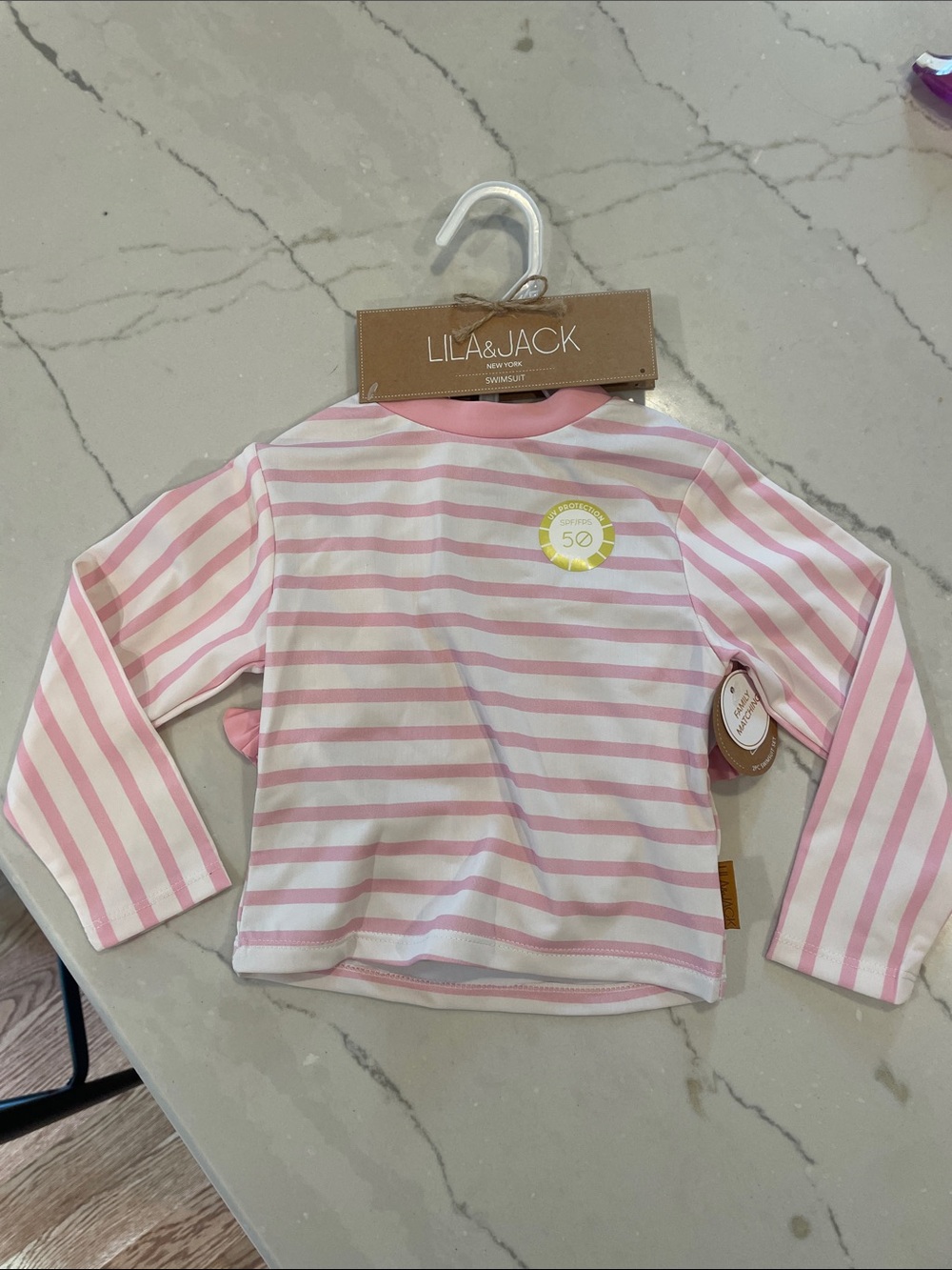 NWT- Pink and White Striped Long-Sleeve Kids Rashguard bathing suit with bottoms